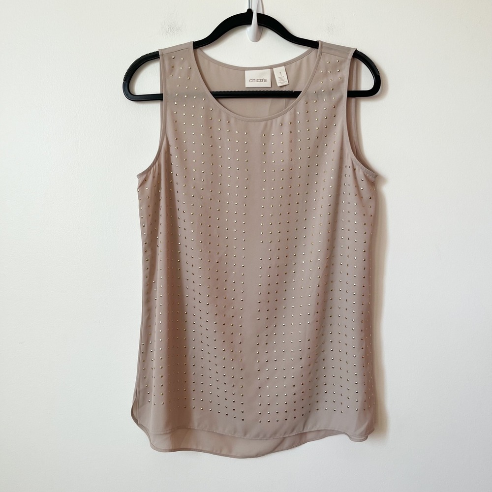 NWT Chico's Studs Galore Parker Tank Metallic Studded Top Beige Gold Womens Med